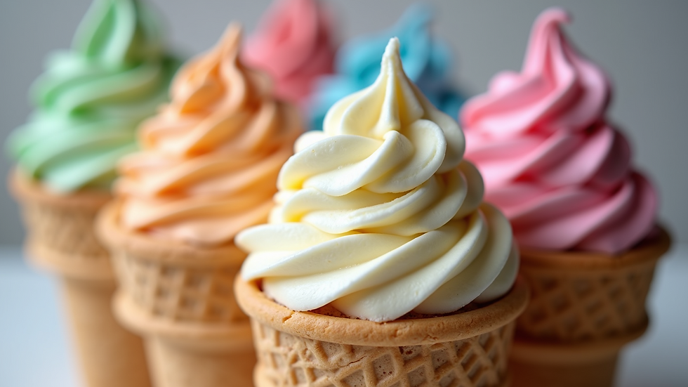 Close-up view of soft serve ice cream cones with colorful toppings
