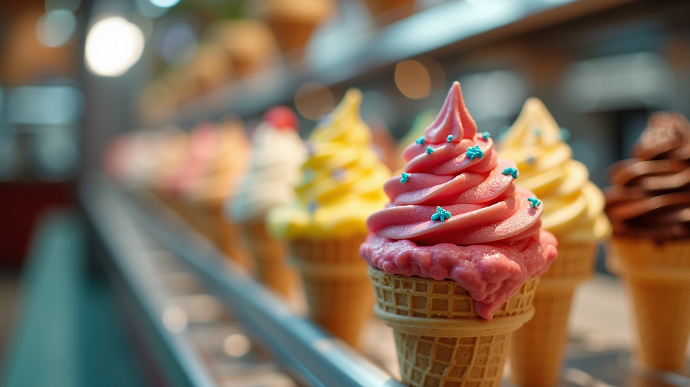 Eye-level view of a dessert station with colorful toppings and cones
