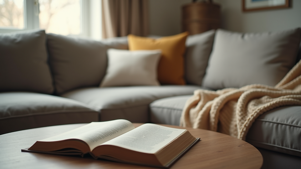 Close-up view of a cozy living room with a soft blanket and a book on a coffee table