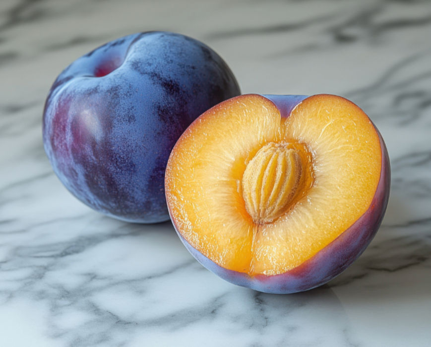 Thumbnail: Stanley plums cut open  at  Paragon Farms Nursery in Greer, SC