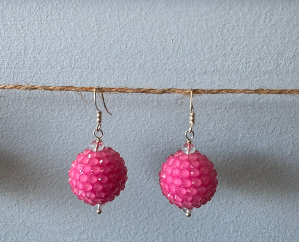 Pink Funky Pokey Ball Earrings on silver fishhook posts