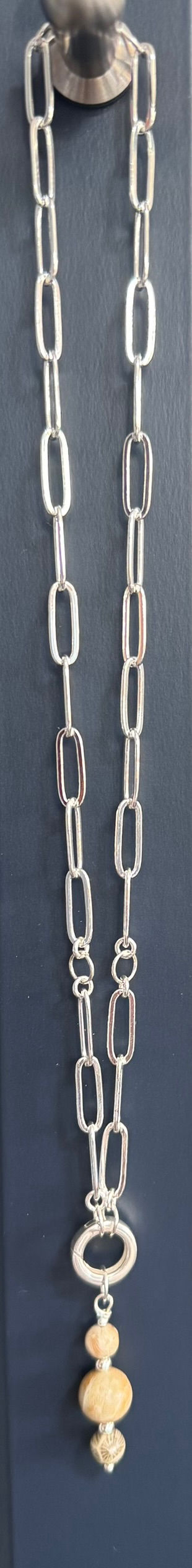 Thumbnail: Paperclip necklace with round clasp and Petoskey Stone drop pendant