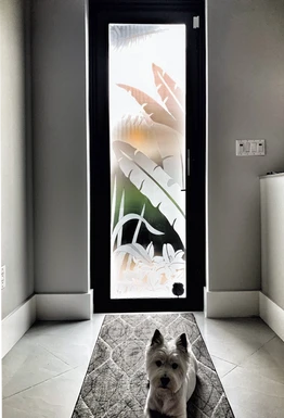 main door glass design for home with banana leaves and flowers