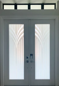 Art Decò Decorative front doors film design, Havana Nights Collection, HN400M. Shaded white frost, linear and bold. Some areas of the design has in clear frost due to the shading effects.