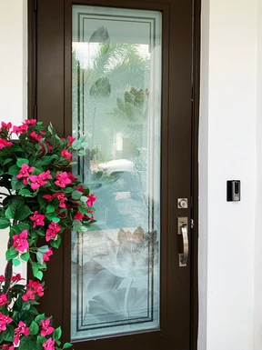 lotus flowers as a entrance glass door design