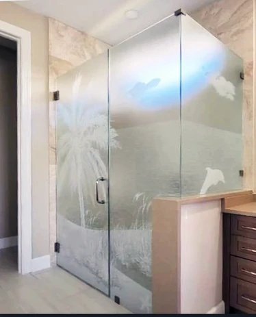 Beach and the Dolphin decorative glass shower doors