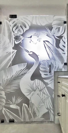 Custom Vetrilite Etched Glass Film Design applied over shower enclosure