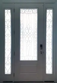 Wrought Iron Front Door Design with decorative sidelight windows