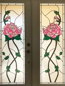 Stained glass look for decorative front doors, custom design with family meanings. Glue Chips glass texture background.