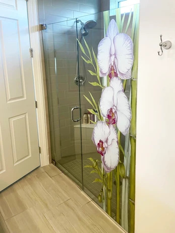 Orchids and Bamboos decorative shower glass