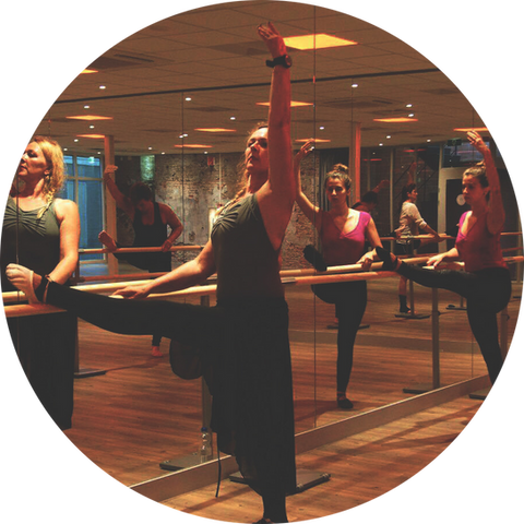 Middle aged ballerina with barre stance