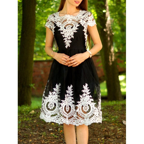 Vintage Lace Square Neck Short Sleeve Dress For Women