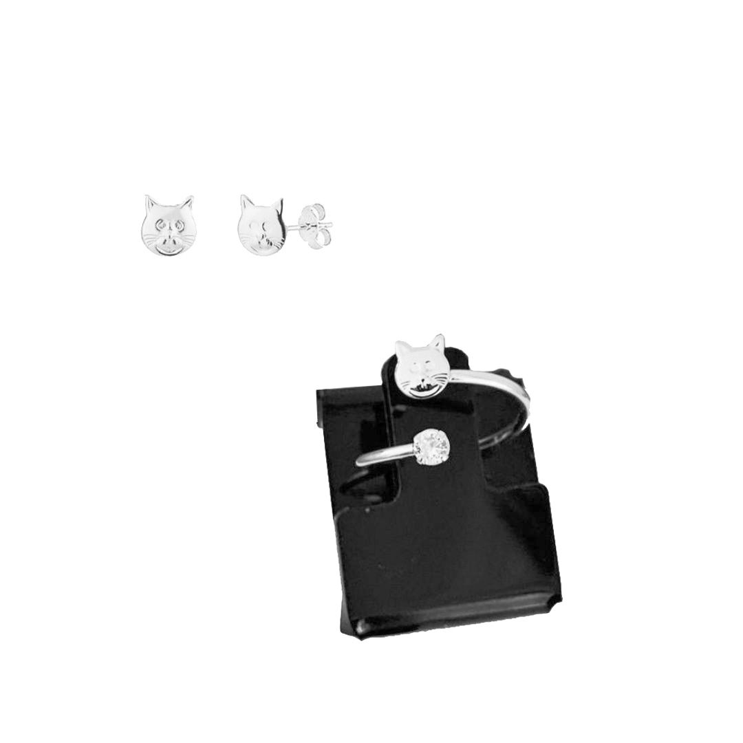 CONJUNTO MINI GATINHO - BRINCO + ANEL FALANGE OU INFANTIL - PRATA