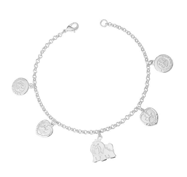 PULSEIRA SHIH TZU E MEDALHAS CORAÇÃO E PATAS - PRATA
