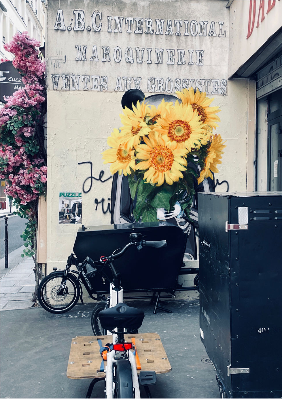 Canvaz street art work of illegal alien disguised in skeleton suit with panda heads and converse carrying a Hugh bunch of sunflowers 