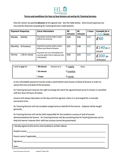 HL Tutoring Services Terms and Conditions