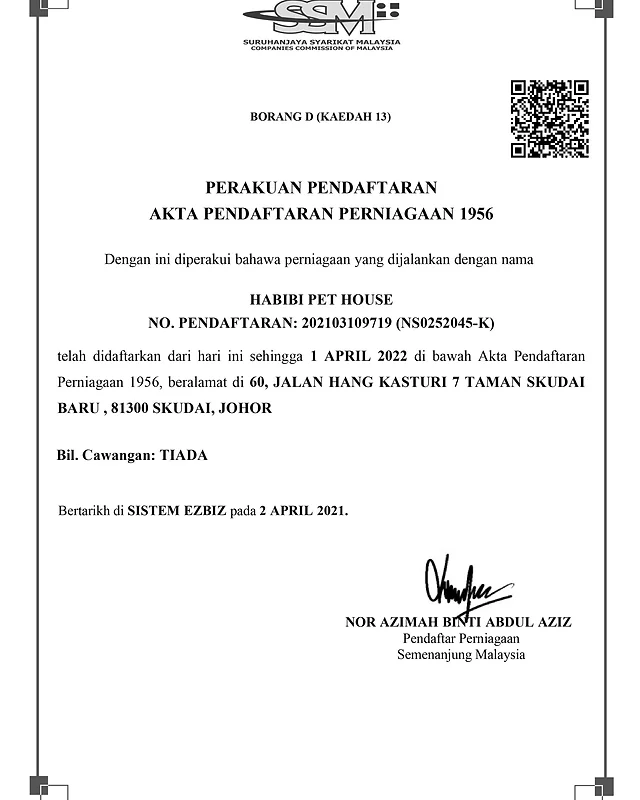 Certificate Of Incorporation Habibi Pet House