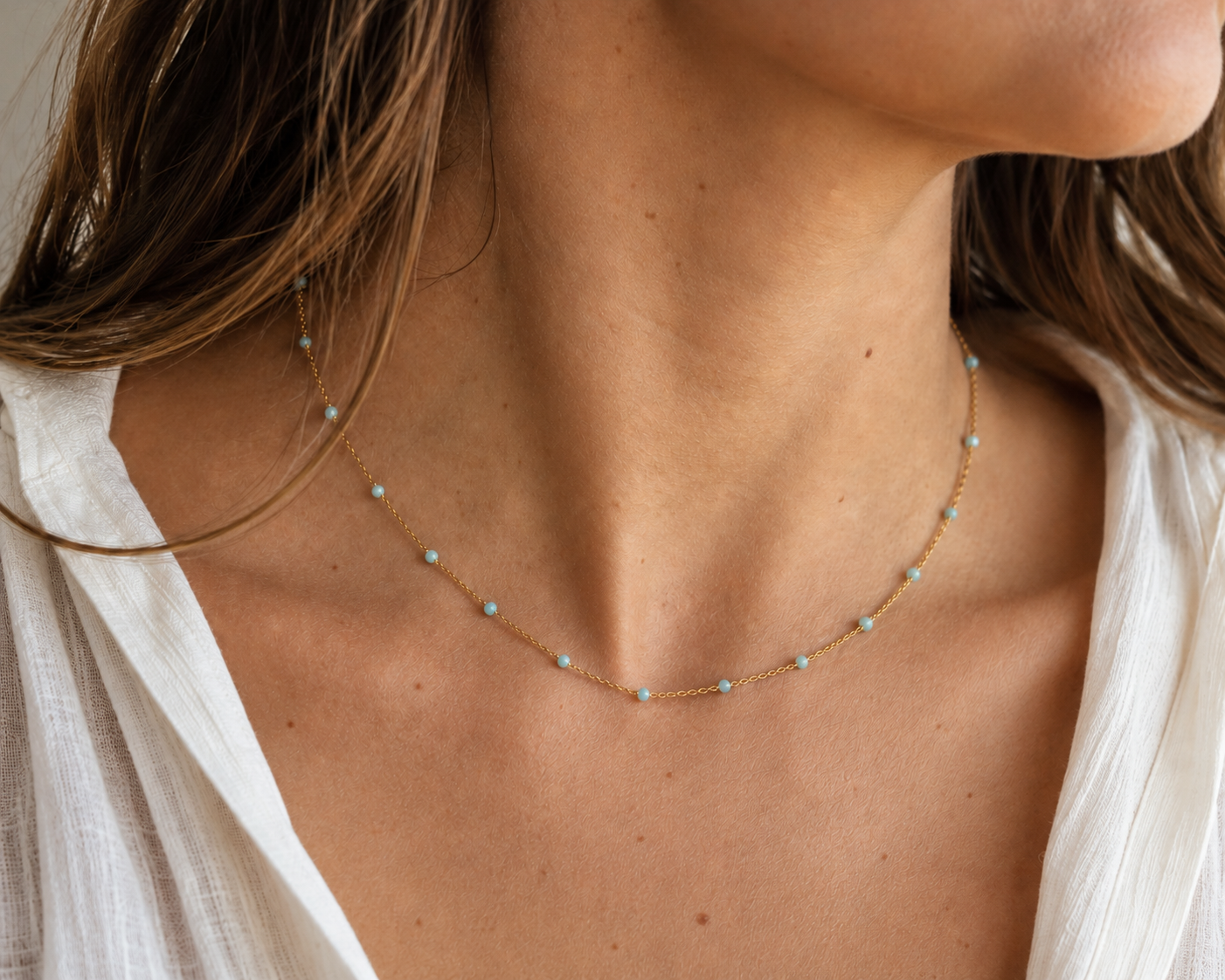 Collier Rosaire en amazonite – Acier inoxydable doré et perles facettées