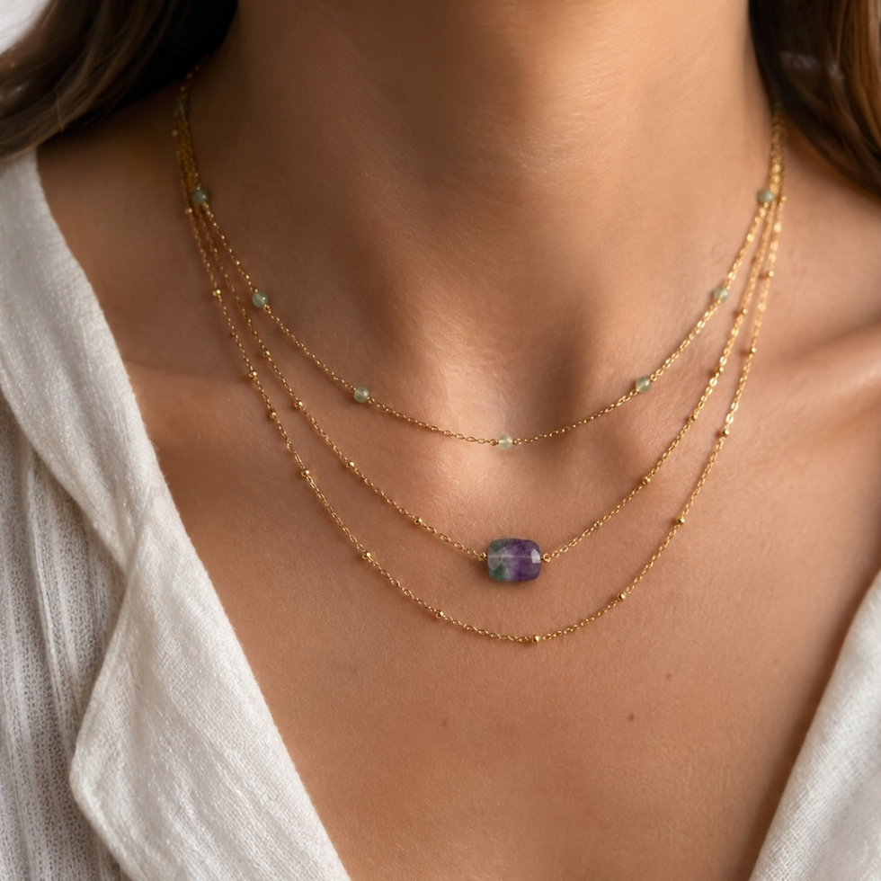 Collier triple rang en acier inoxydable doré et fluorite multicolore porté par une femme