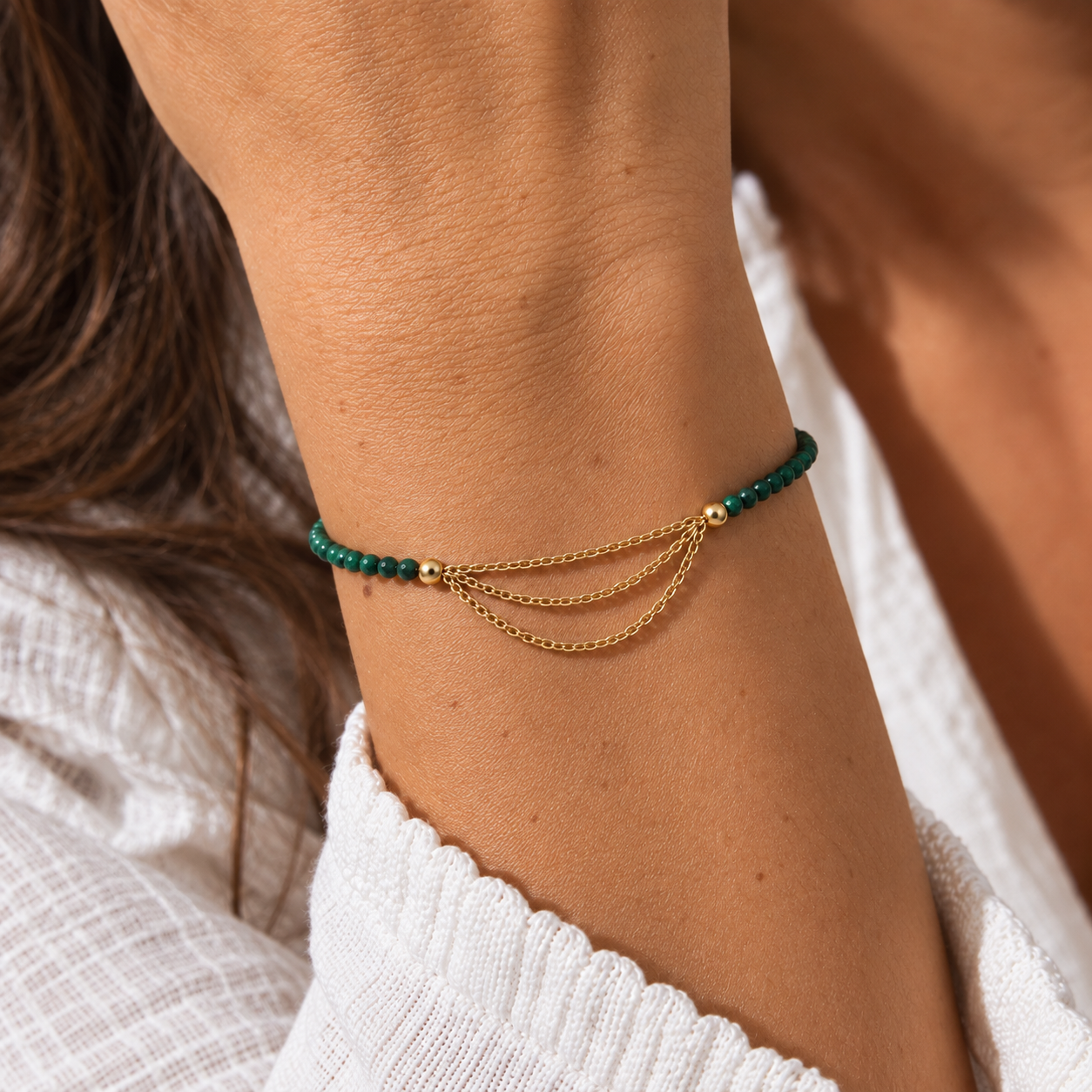 Bracelet Malachite Facettée et Trois Chaînes - Acier Inoxydable Doré