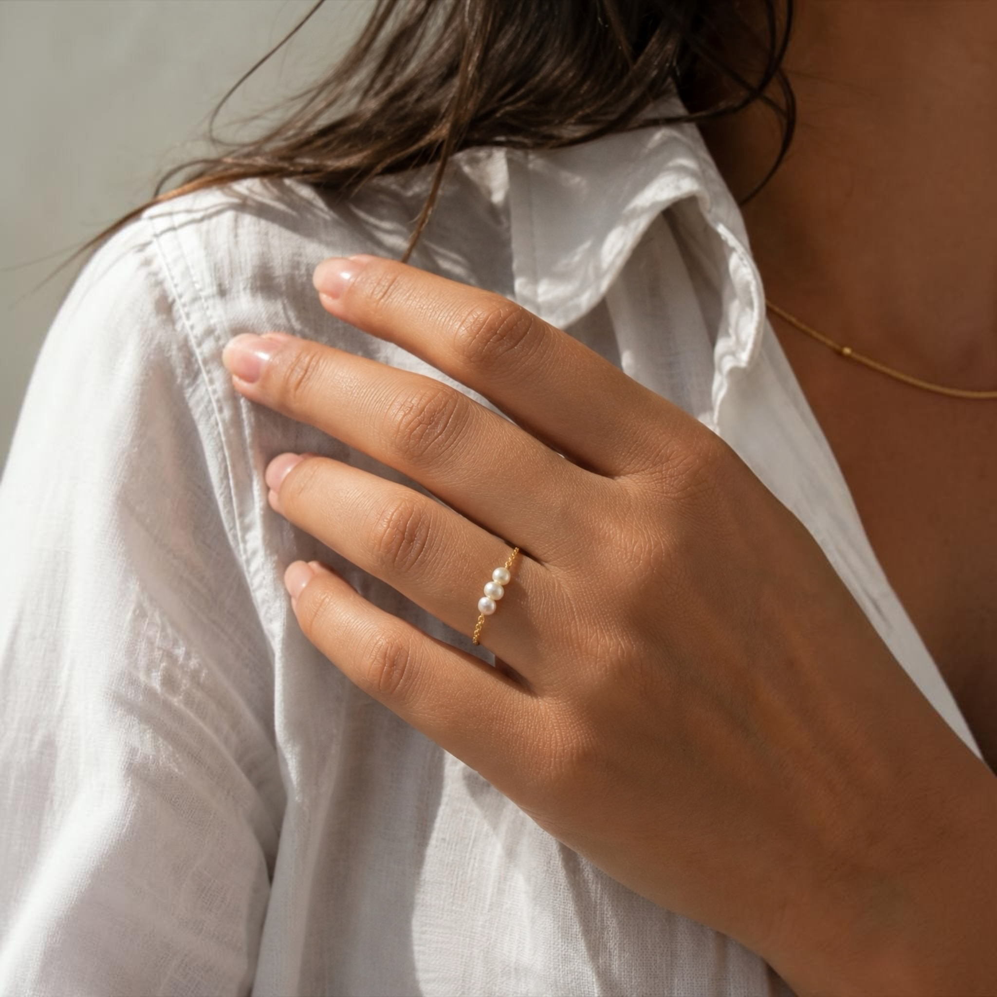 Bague chaînette Tara perles de culture - Acier inoxydable doré - Argent 925