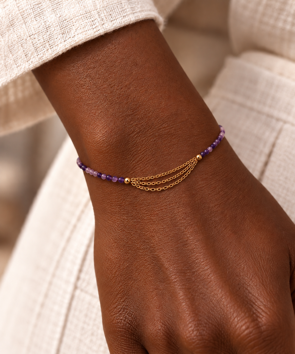 Bracelet Améthyste Facettée et Trois Chaînes - Acier Inoxydable Doré