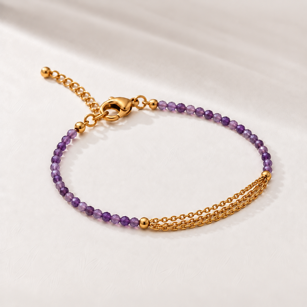 Miniature : Bracelet Améthyste Facettée et Trois Chaînes - Acier Inoxydable Doré
