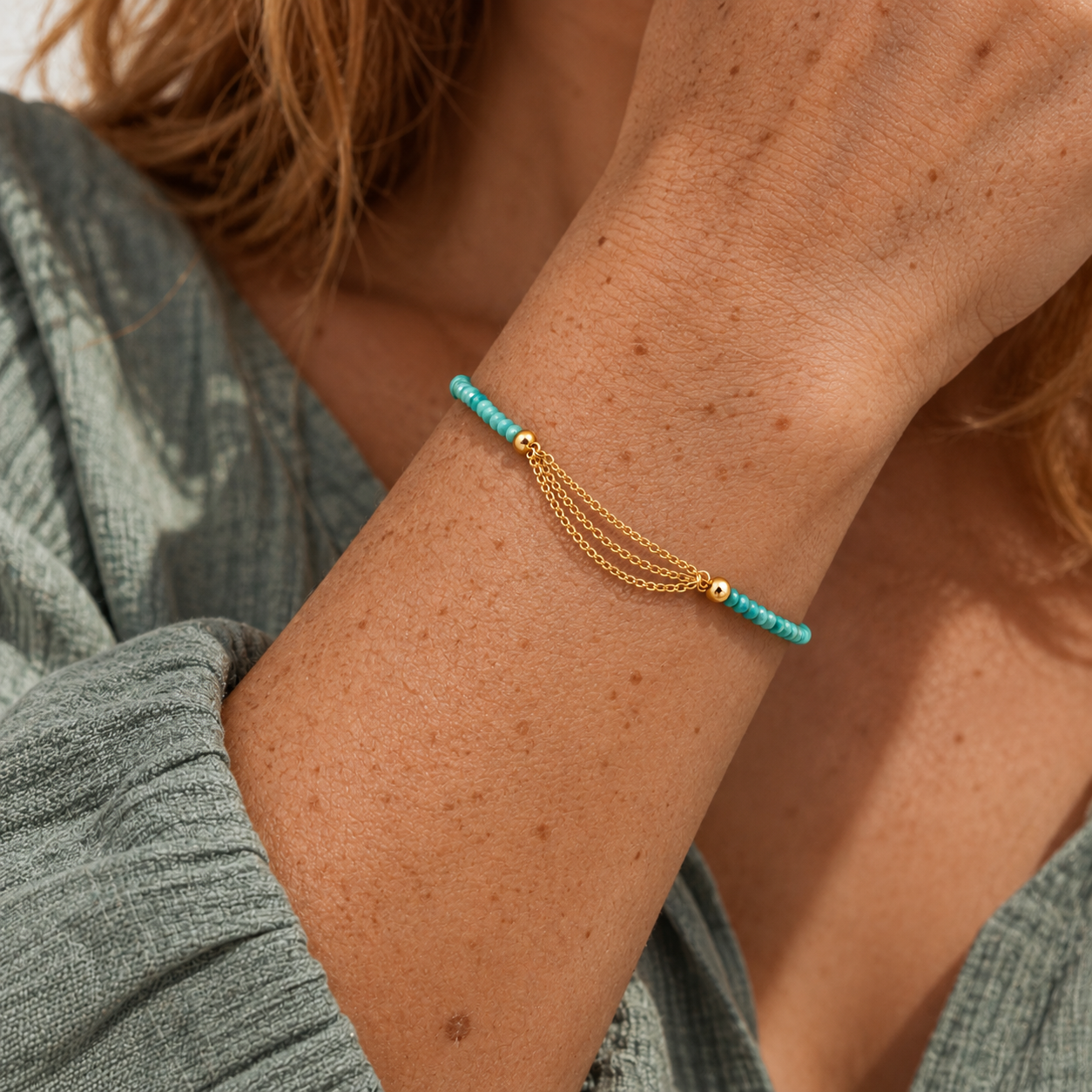 Bracelet Amazonite Facettée et Trois Chaînes - Acier Inoxydable Doré