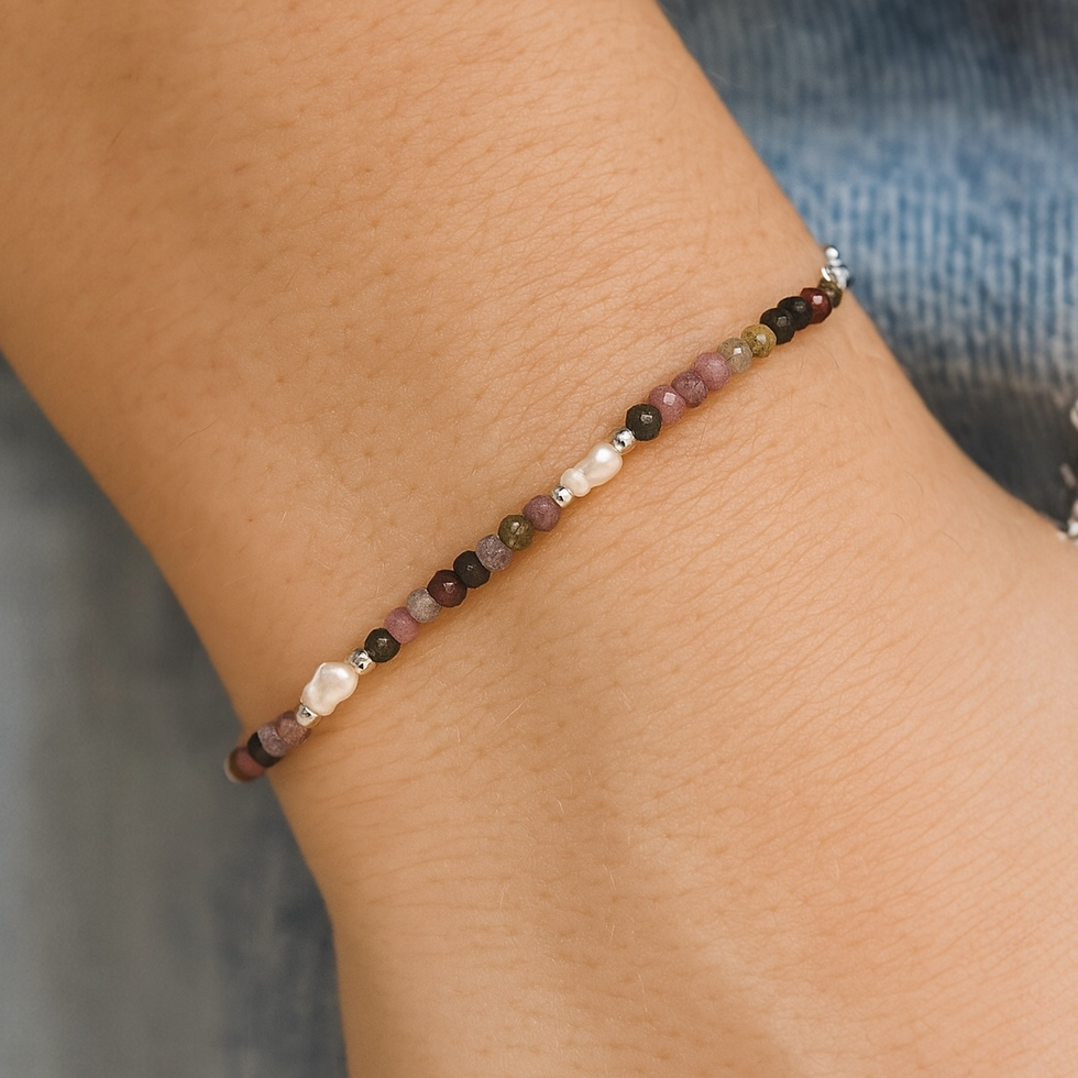 Miniature : Bracelet en Tourmaline multicolore et perles de culture argent 925 porté