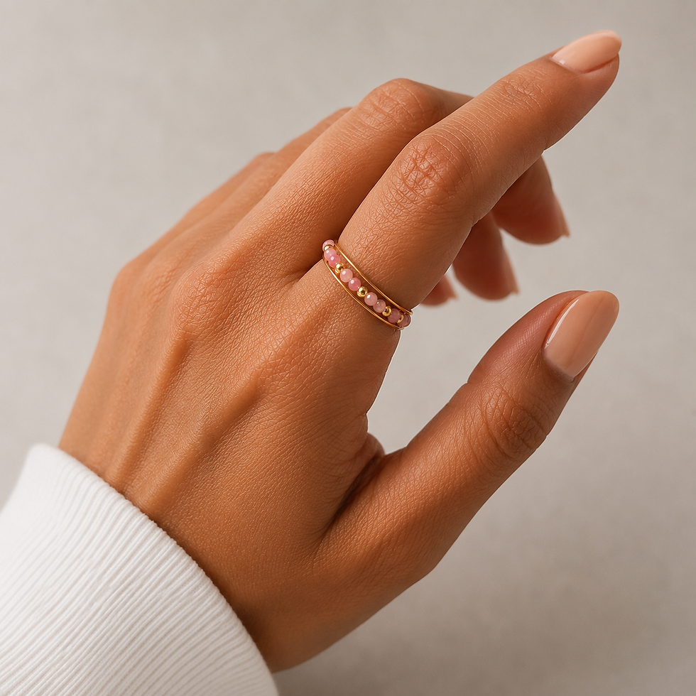 Miniature : Bague triple rang Rhodonite en Gold Filled portée