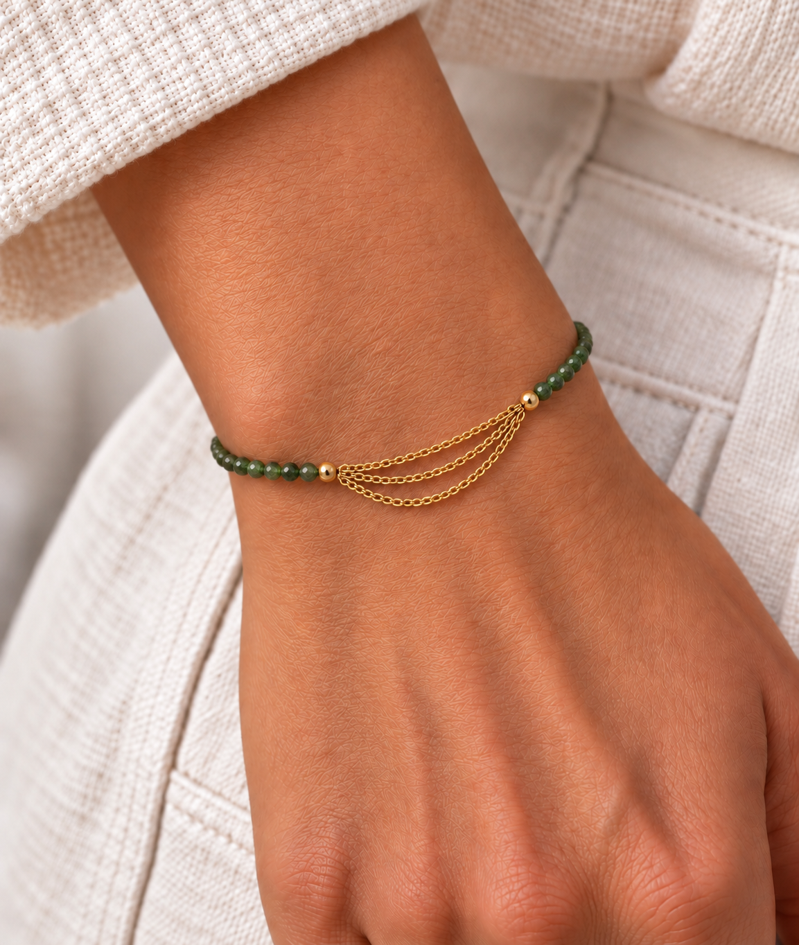 Bracelet Diopside Facetté et Trois Chaînes - Acier Inoxydable Doré