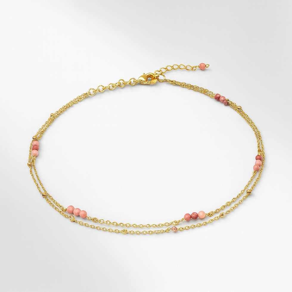 Chaîne de cheville double rang - Rhodonite - acier inoxydable doré sur fond blanc
