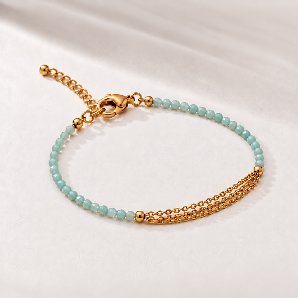 Miniature : Bracelet Amazonite Facettée et Trois Chaînes - Acier Inoxydable Doré