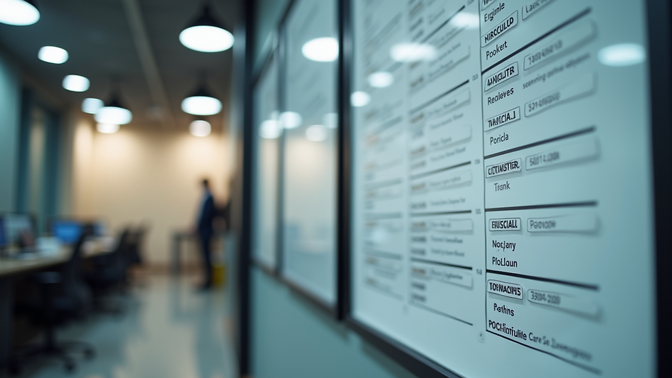 Eye-level view of a modern office with a Kanban board displaying tasks