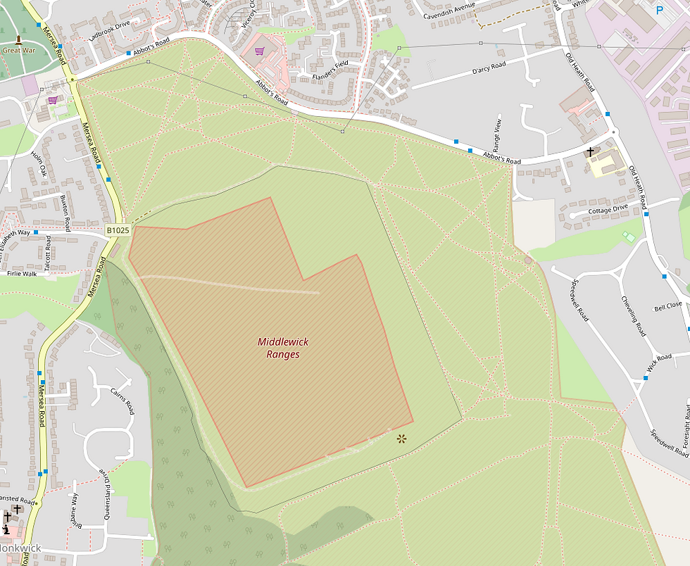 Map showing Middlewick Ranges with surrounding roads and paths. Green areas represent open spaces.