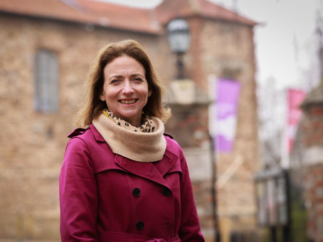 Pam Cox MP for Colchester outside Colchester Castle