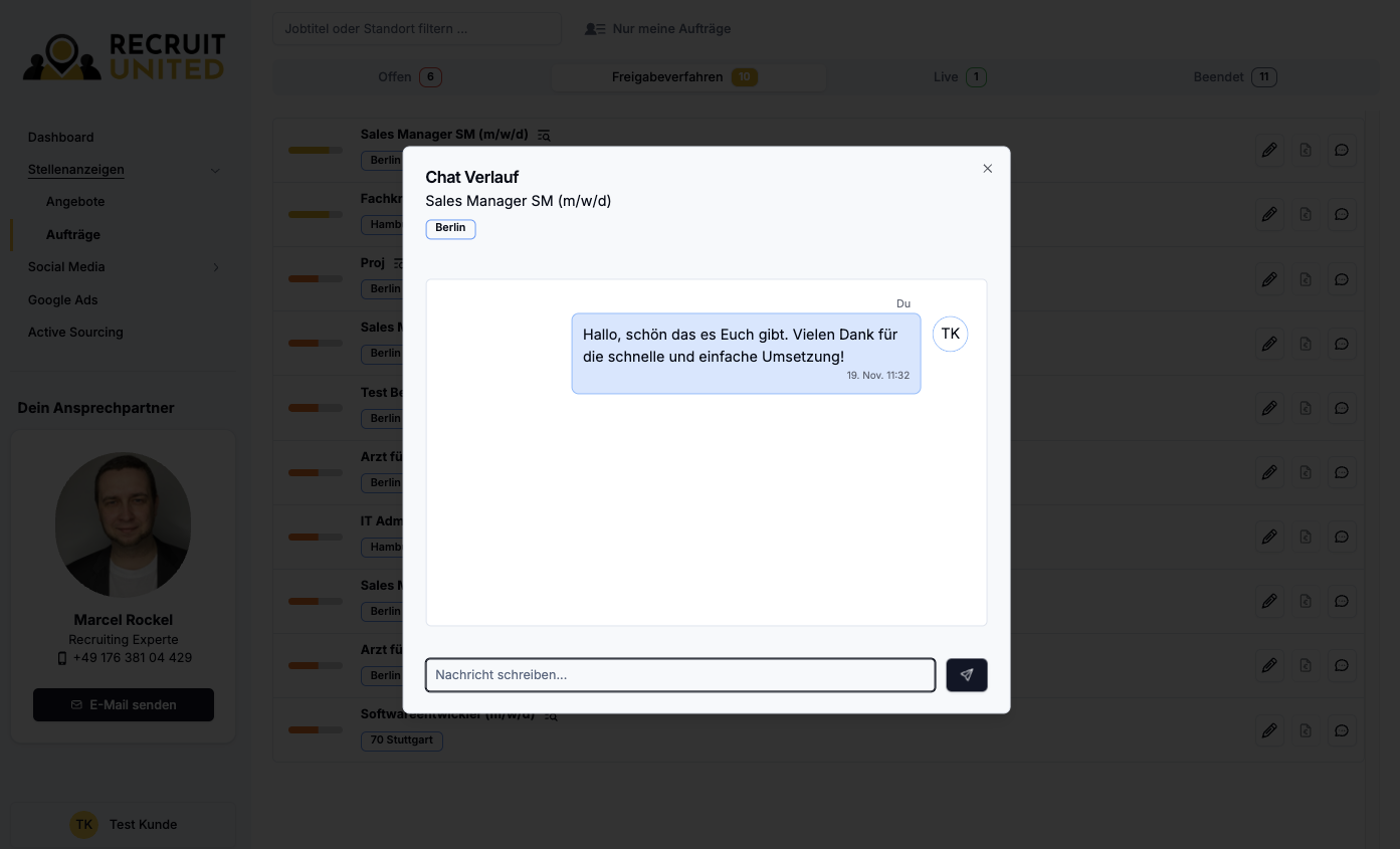 Recruit United App Chatfenster für Support