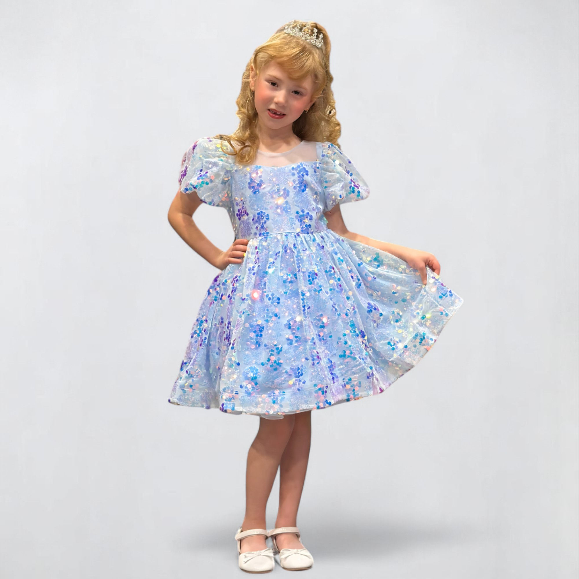 DIAMOND SEQUIN PUFFY DRESS - CRYSTAL BLUE