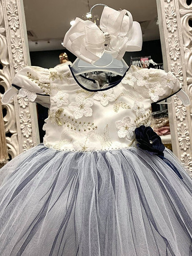 dusty blue infant dress Dusty Blue Tulle Beaded Lace Straps Wedding Flower Girl Dress 4T main image 1