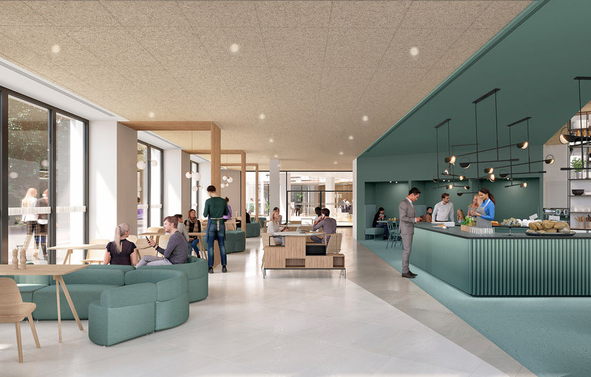 BIFUR Architecture - Immeuble OPTIK - Déco restaurant d'entreprise : matières naturelles, teinte céladon, atmosphère apaisante