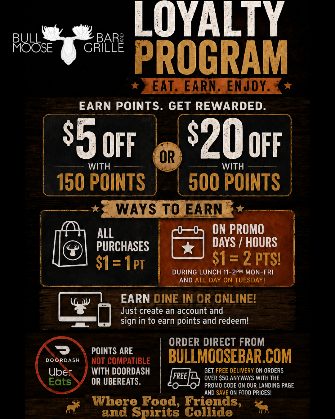 Bull Moose Bar and Grille Loyalty Program flyer with logo