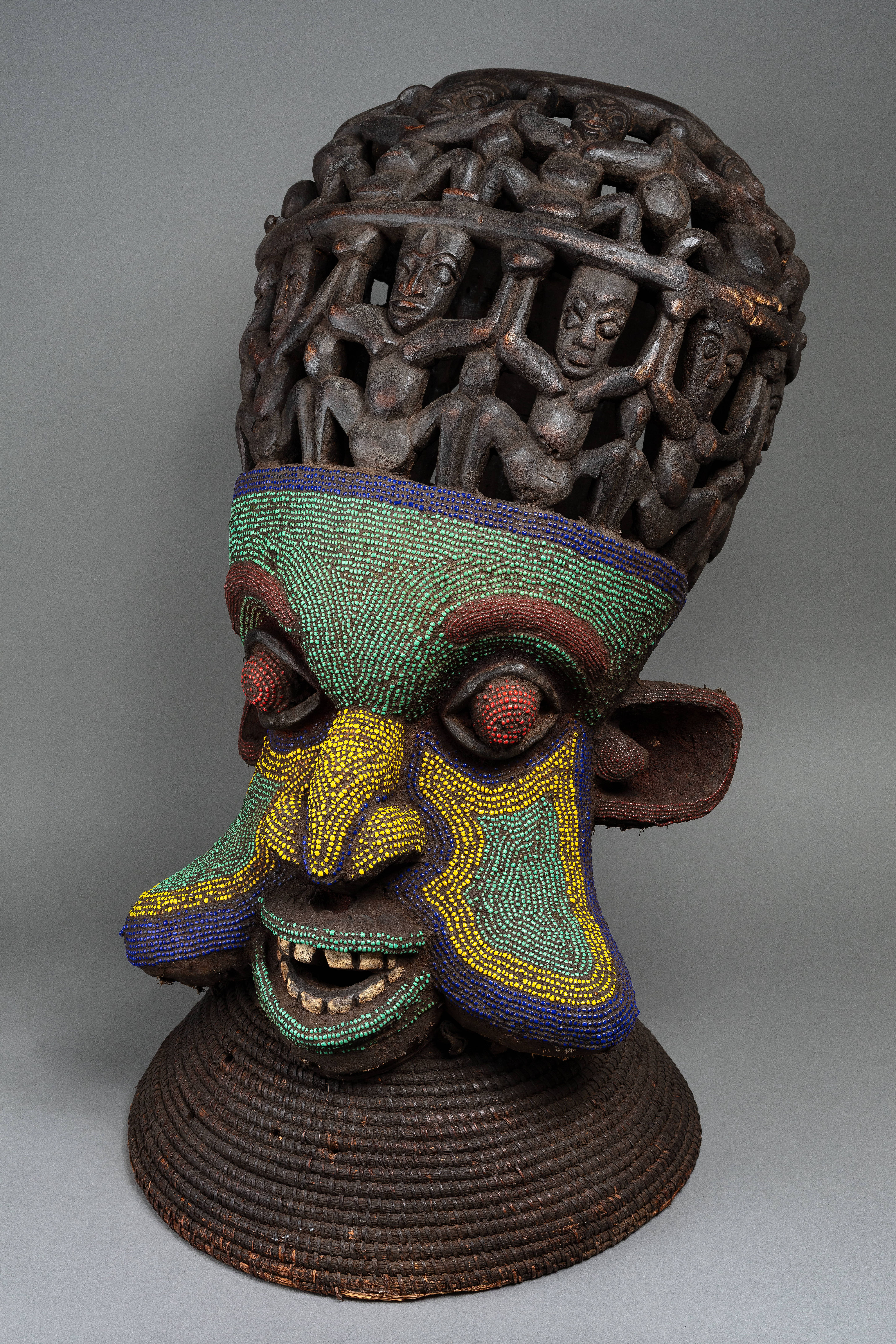 Monumental Royal Beaded Helmet Mask, Grassfields Region, Early–Mid 20th Century