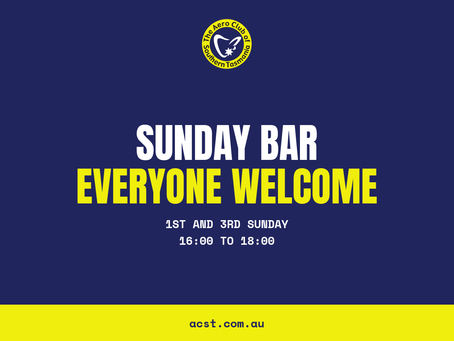 Sunday bar, everyone welcome. 1st and 3rd Sunday, 16:00 to 18:00.