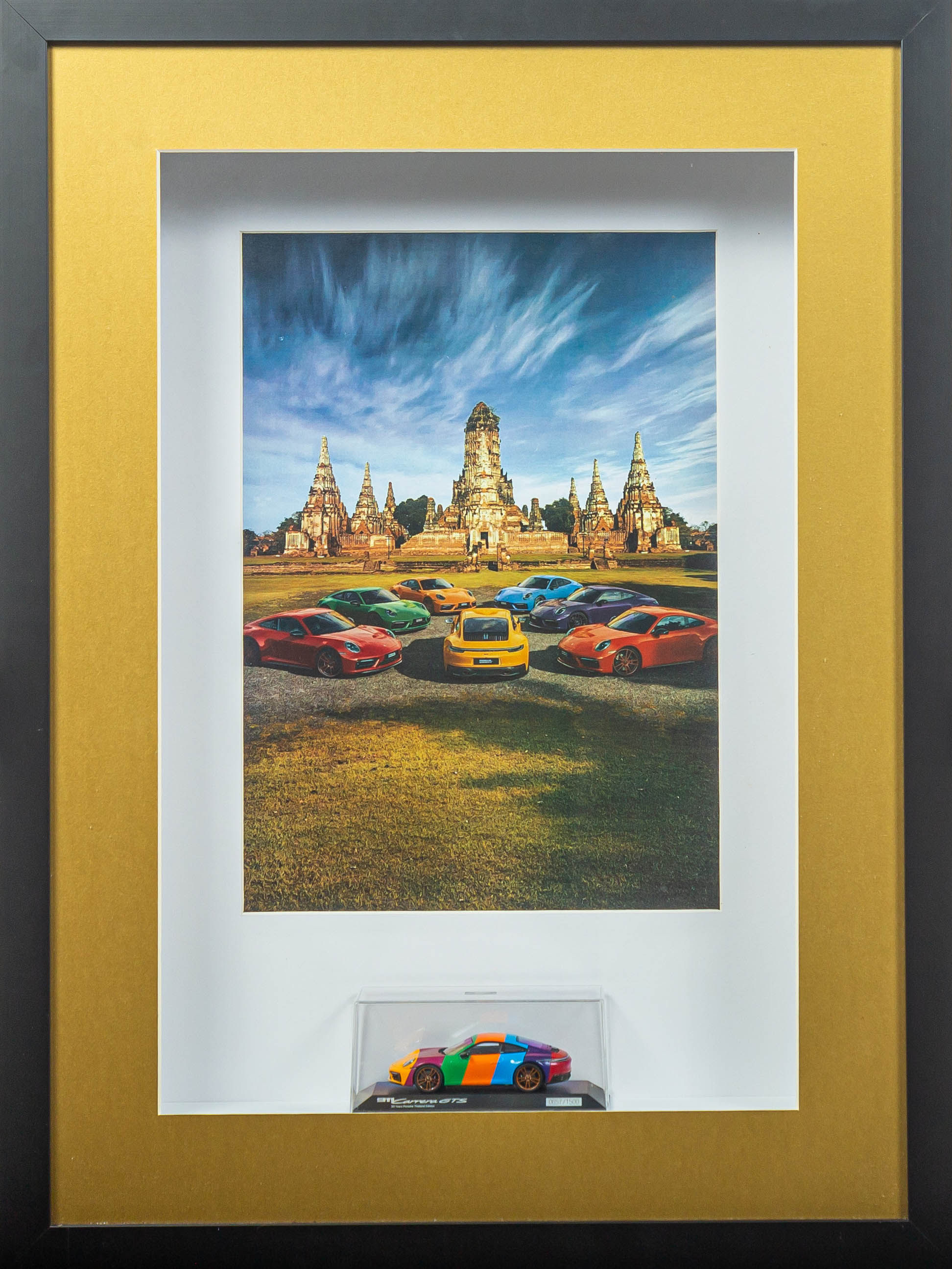 Framed Porsche 911 GTS Thailand Edition Diorama with limited edition multi-colored 1:32 scale model and Ayutthaya temple back