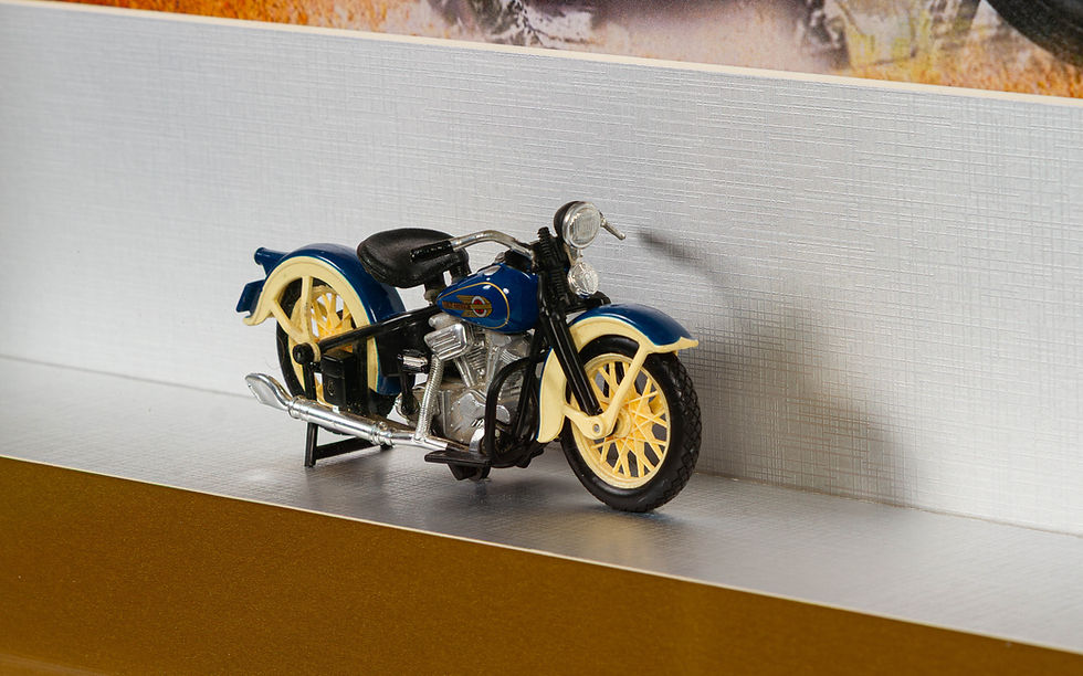 Thumbnail: Framed Harley-Davidson EL Knucklehead Diorama featuring blue 1:24 scale model and Luc Best "Legends Never Die" Elvis pop art
