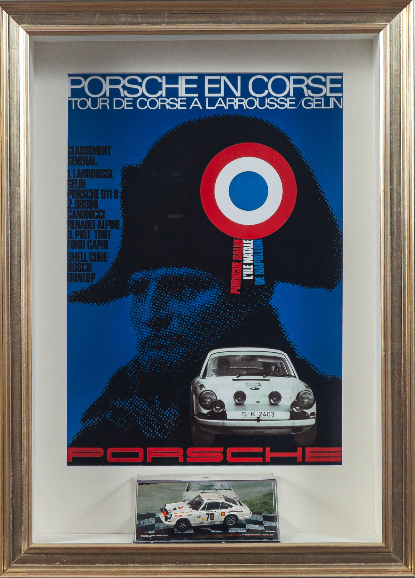 Framed Porsche 911 R Tour de Corse diorama with #70 rally diecast model and 1969 vintage event poster background.