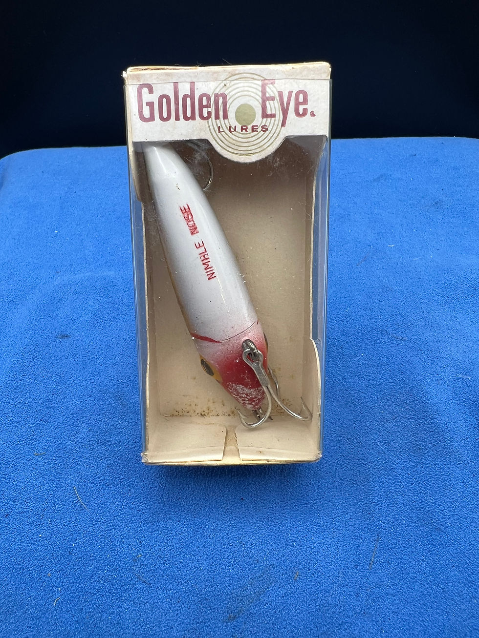 Vintage Gudebrod Golden Eye Nimble Nose 2400 lure in original box, front view