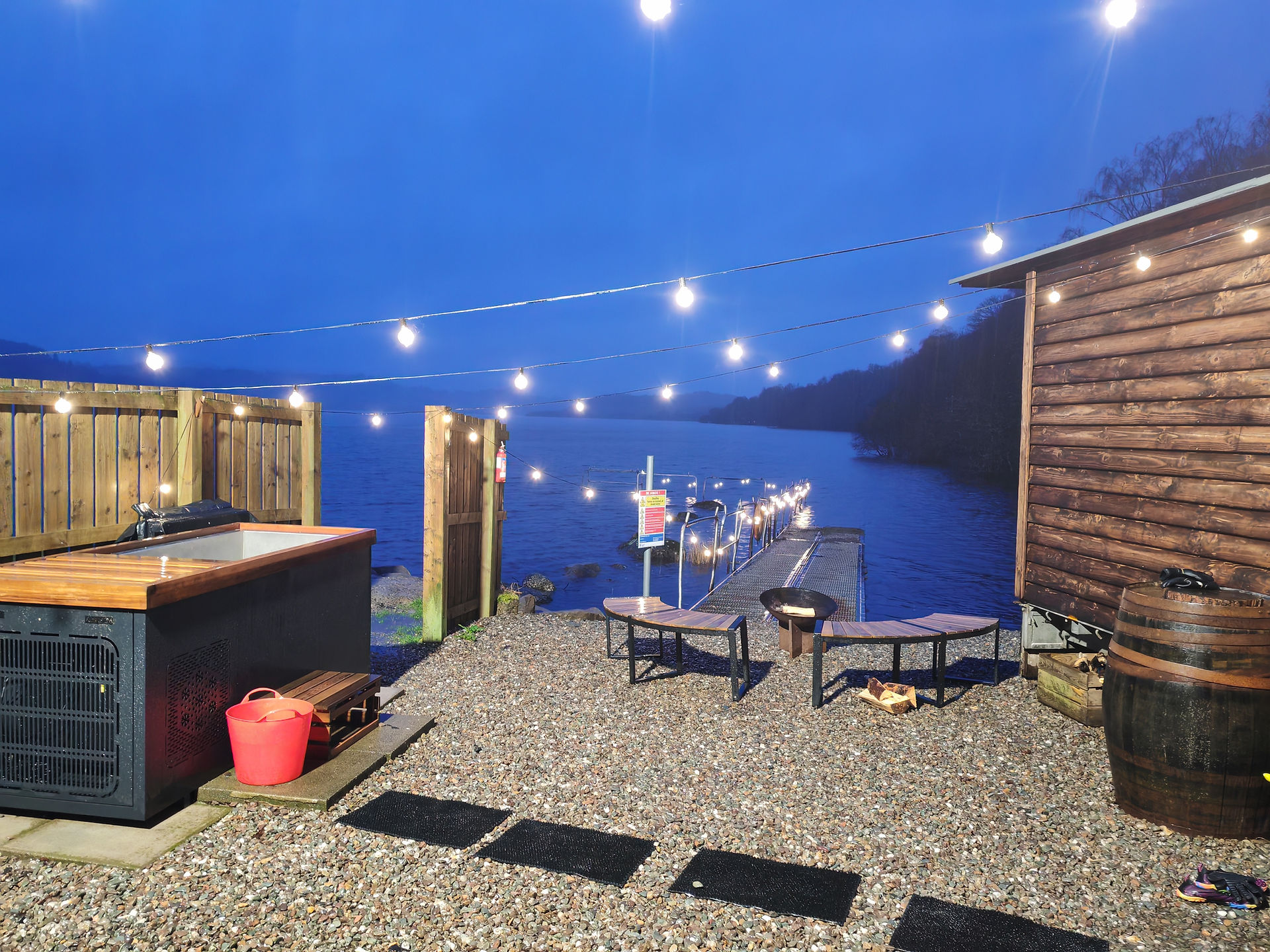 Lit up outside space around sauna