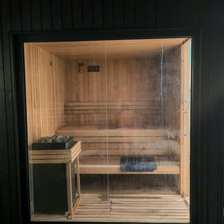 Looking in to a wooden sauna