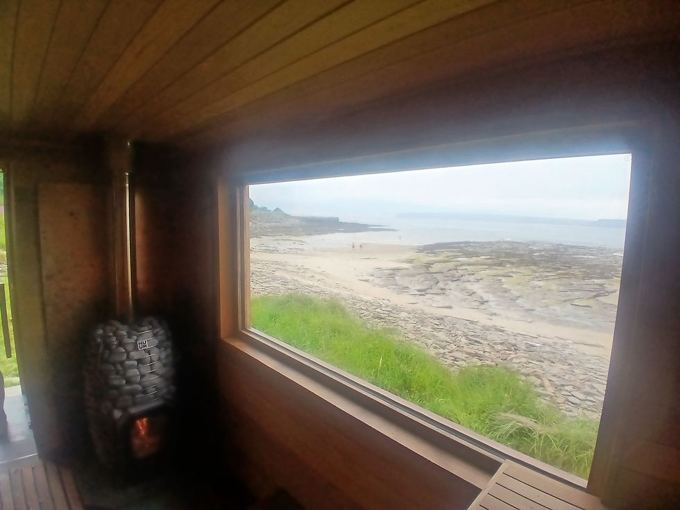 Wood-paneled sauna interior with stone stove looks out a window onto a rocky beach and calm sea under a hazy sky.